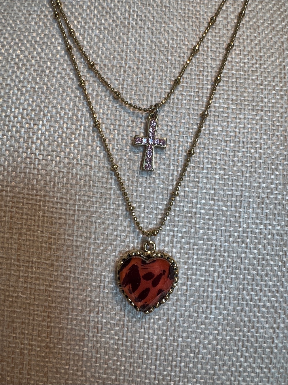 Betsey Johnson Gold-Tone Necklace with Pink Leopard Heart & Pink Crystal Crosss - Picture 2 of 4